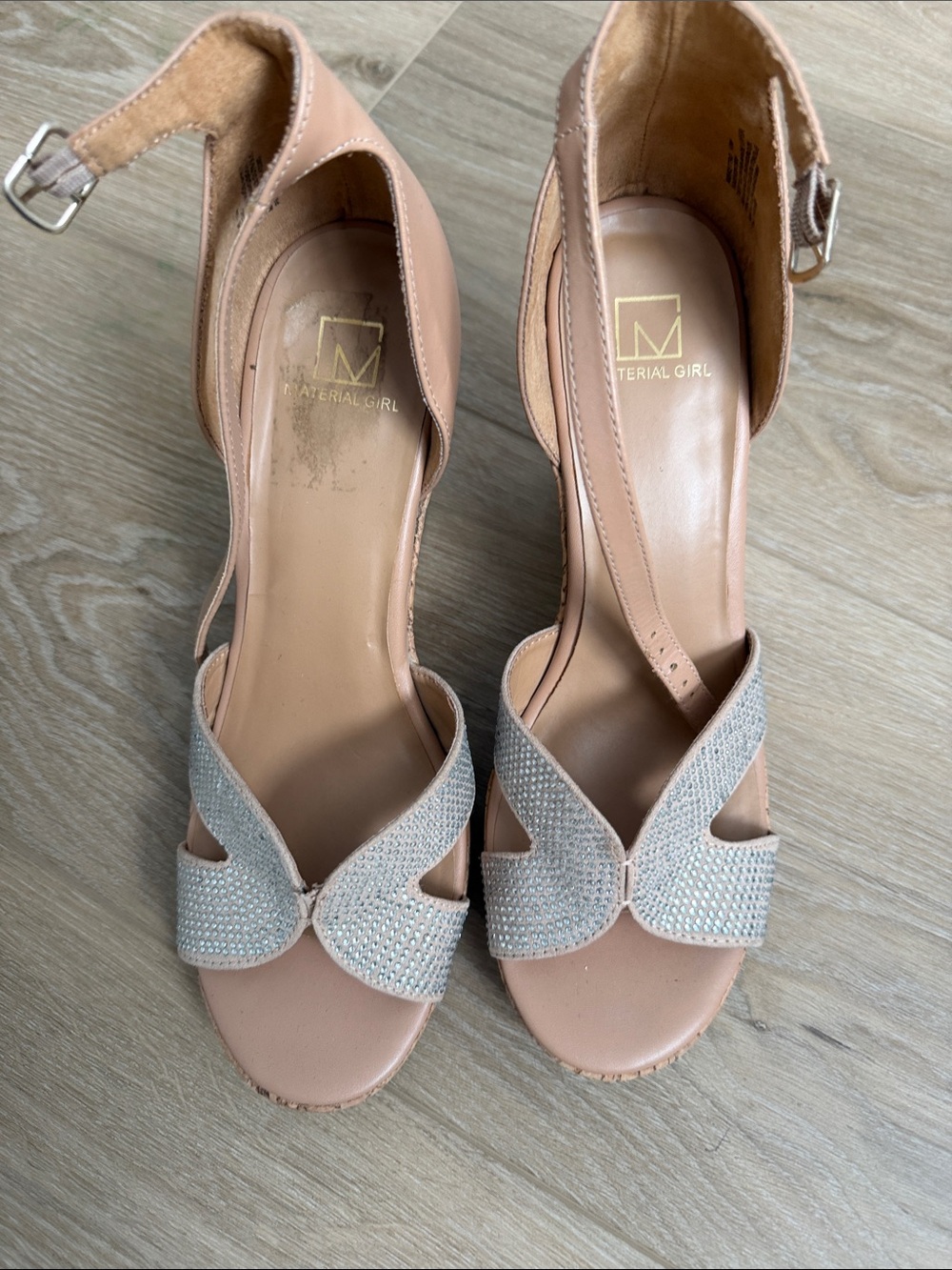 Material Girl Blush Nude Open-Toe Heels with Silver Crystal Straps